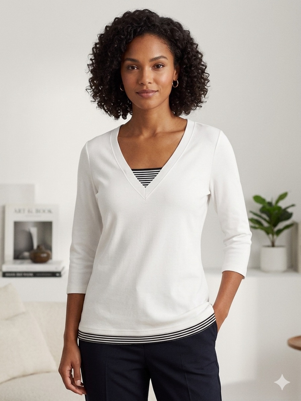 Lauren Ralph Lauren White V-Neck 3/4 Sleeve Top Twofer Layered Stripe XL